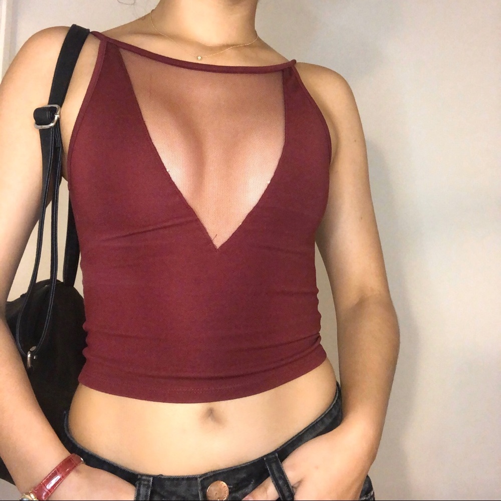 Red mesh high neck crop top